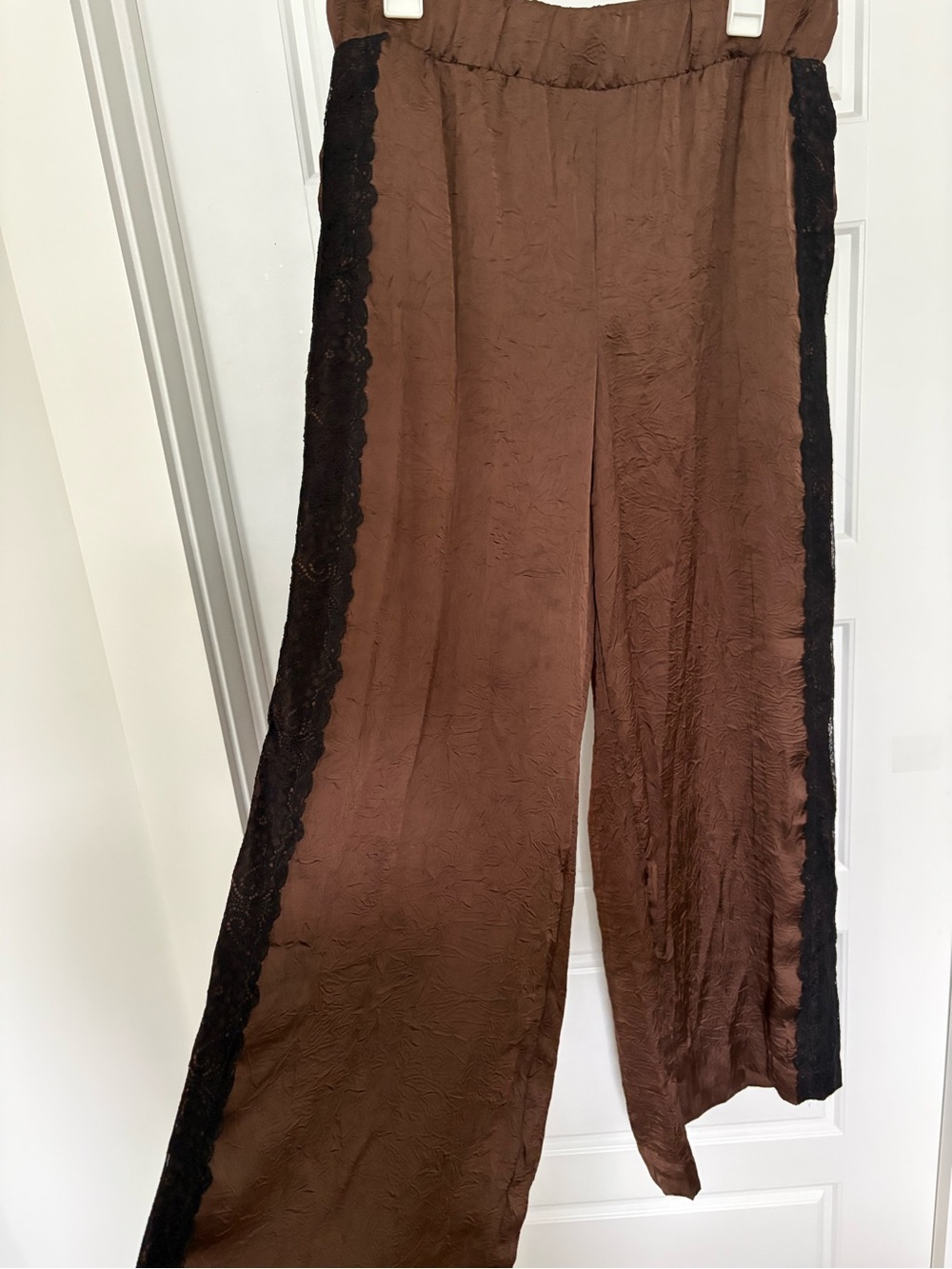 Anthropologie Chocolate Brown Wide-Leg Pants with Black Lace Side Trim - Picture 4 of 4